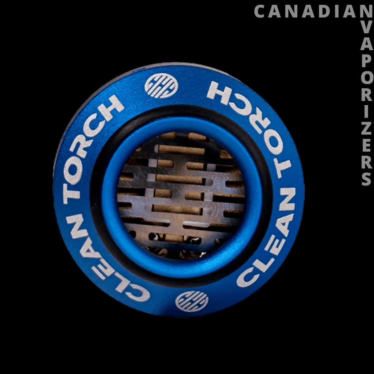Clean Torch Set - Blue circular Clean Torch metal holder with a central vented grate and white lettering.