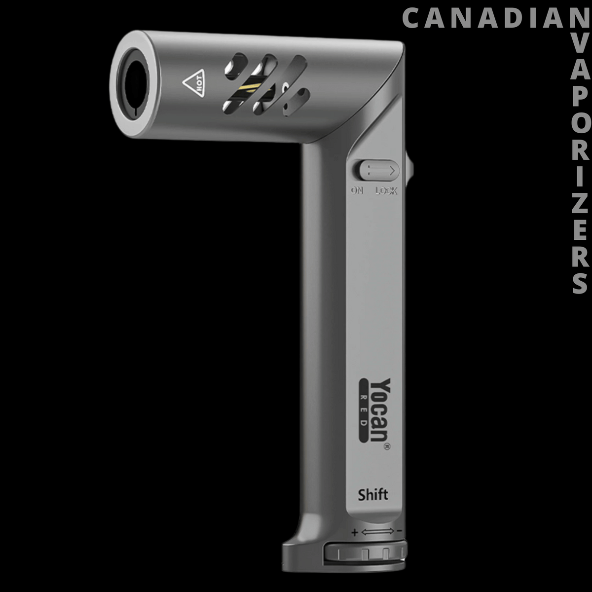 Yocan Shift Torch - Gray Yocan Shift torch with a cylindrical horizontal nozzle, angled vents, and a slim vertical handle.