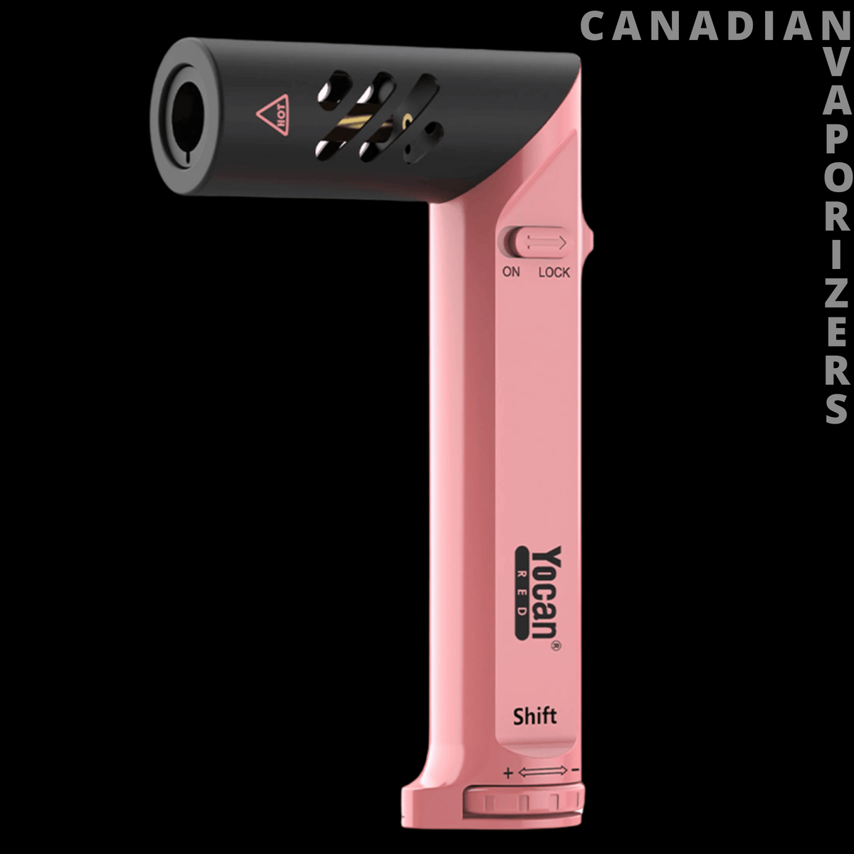 Yocan Shift Torch - Pink Yocan Shift torch with a black angled nozzle, vented head, and side power switch.