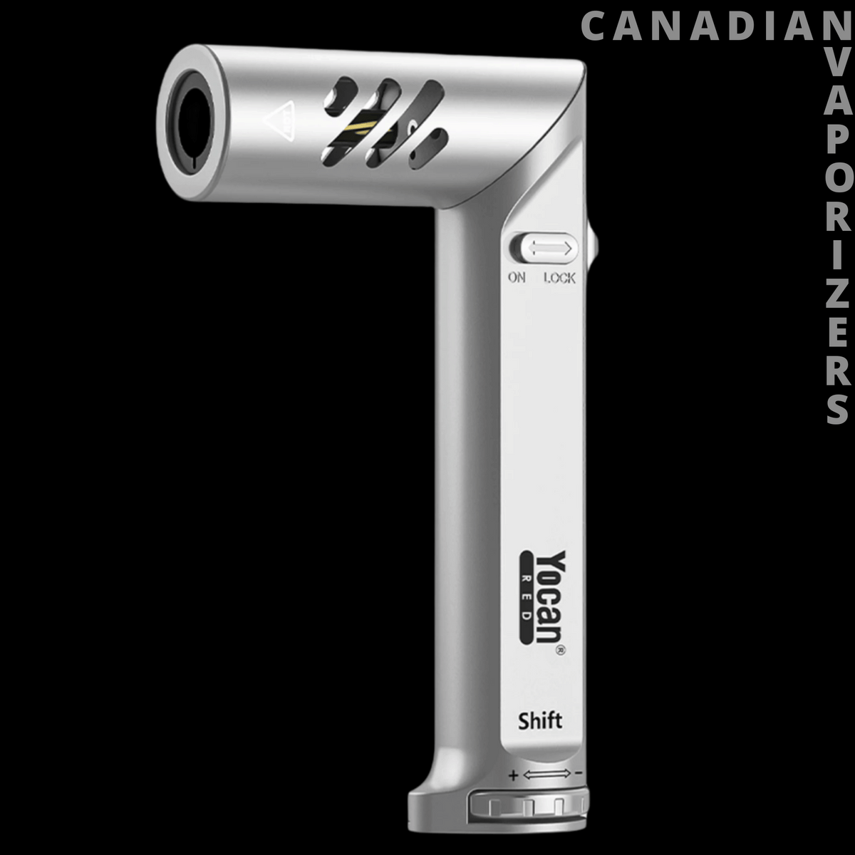 Yocan Shift Torch - Silver Yocan Shift torch with an angled cylindrical nozzle, black ventilation slits, and a slim pistol-grip handle.