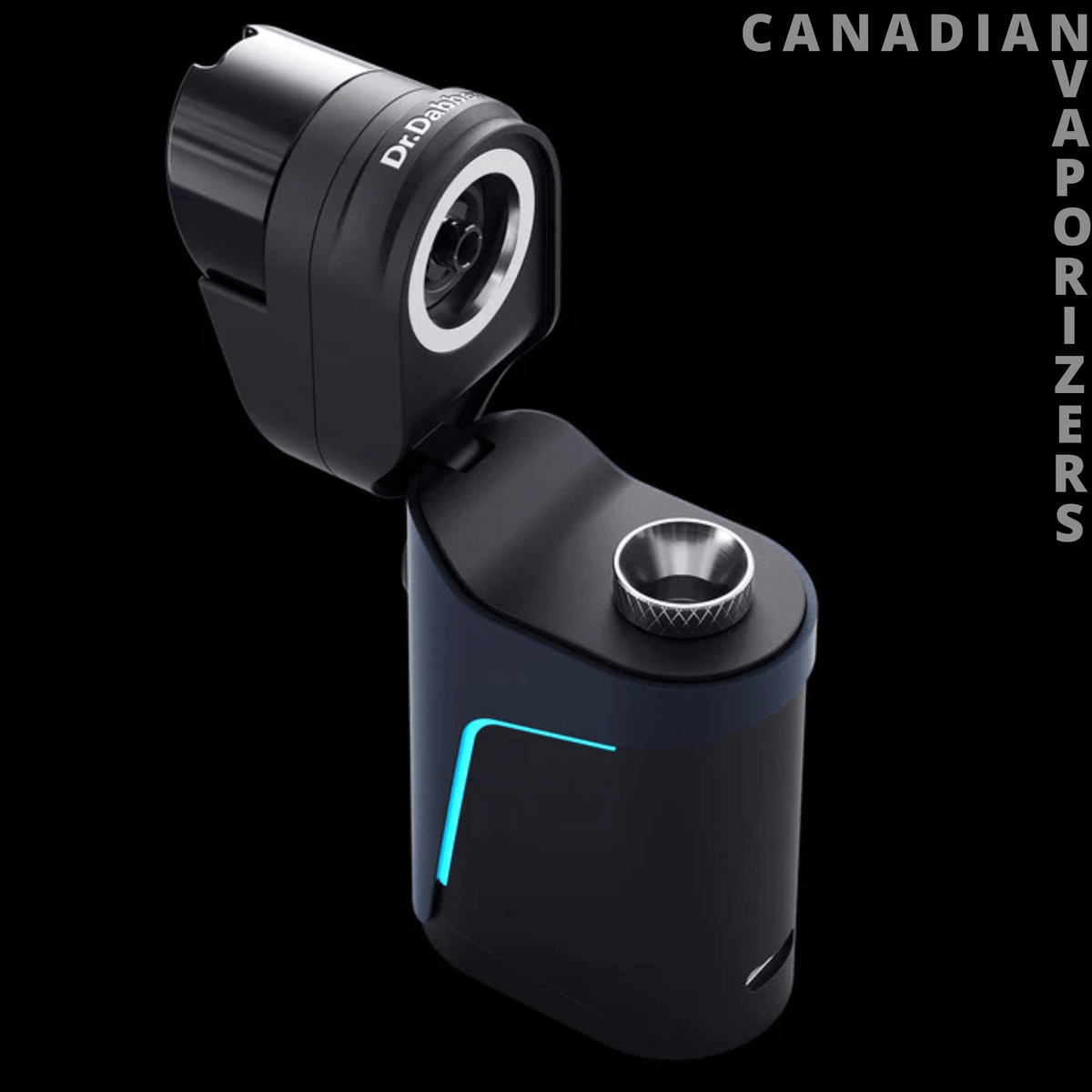 Dr Dabber Ghost 2 Vaporizer - Black Dr Dabber Ghost 2 vaporizer with an open hinged mouthpiece, silver chamber, and blue accent light.