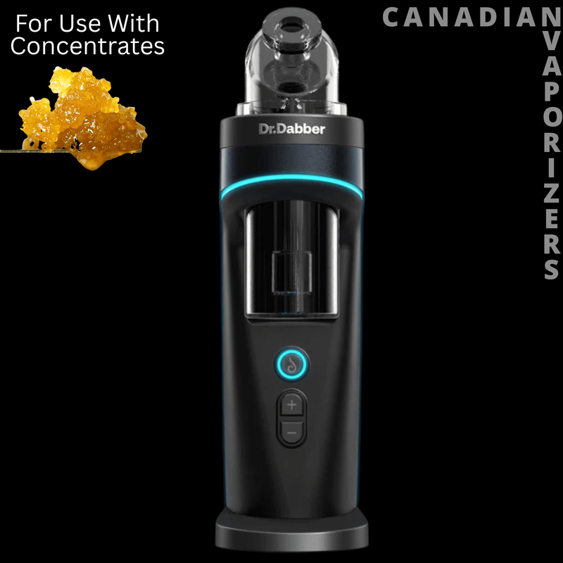 Dr Dabber Switch 2 - Black Dr. Dabber Switch 2 vaporizer with glass top, glowing blue ring, controls, and concentrate graphic.