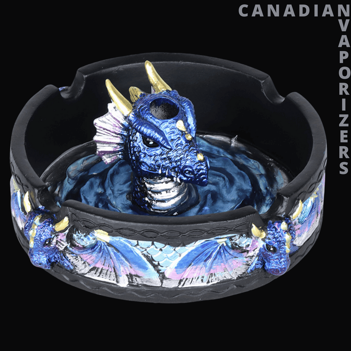 Dragon Ashtray w/ Snuffer - Black dragon ashtray with a blue, purple, and silver sculpted dragon rising from the center.