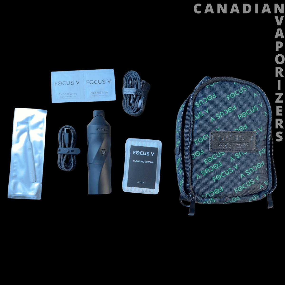 Focus V Aeris Vaporizer - Focus V Aeris vaporizer kit with blue device, charger, pouch, lanyard, and patterned carrying case.