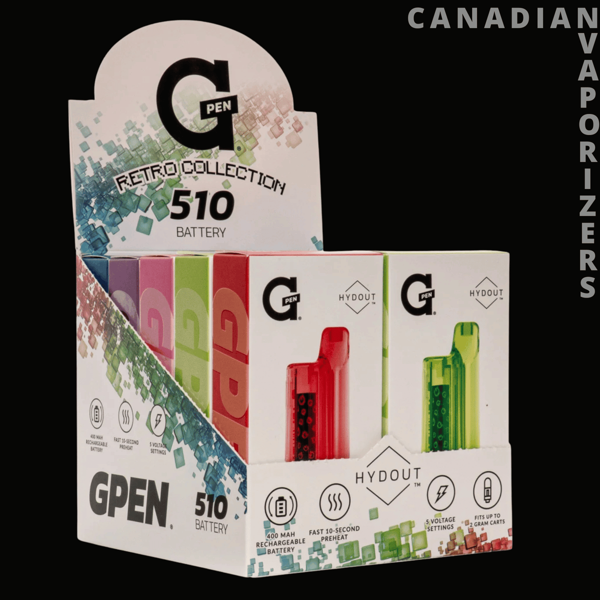 G Pen Retro Hydout 510 Battery Wholesale (Display of 10) - G Pen Retro Hydout 510 battery display with red and green vape pens in illustrated packaging, 10-count box.