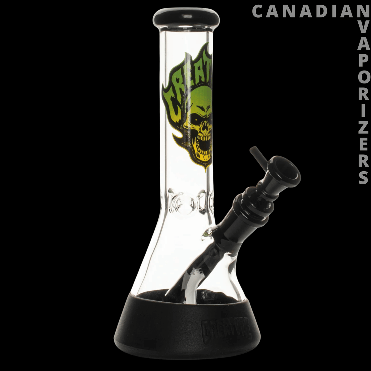 Gear Premium 10” Water Pipes - Clear glass water pipe with a black base and angled black mouthpiece, featuring a green skull graphic.