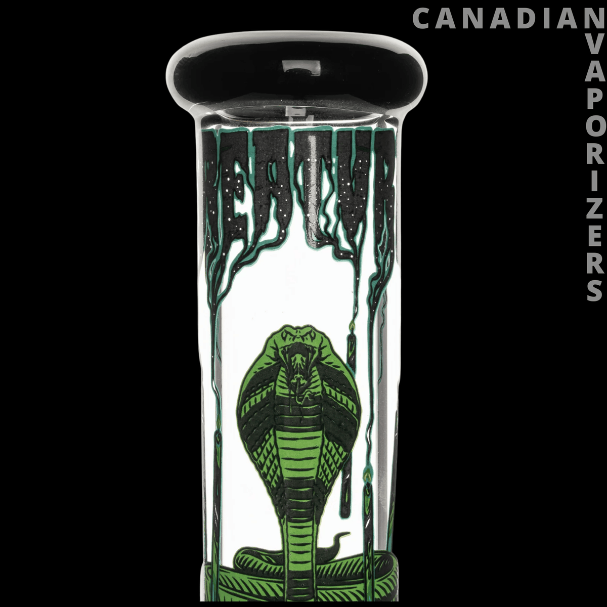 Gear Premium 10” Water Pipes - Clear glass water pipe with a black-rimmed top, green cobra graphic, and dripping black design.