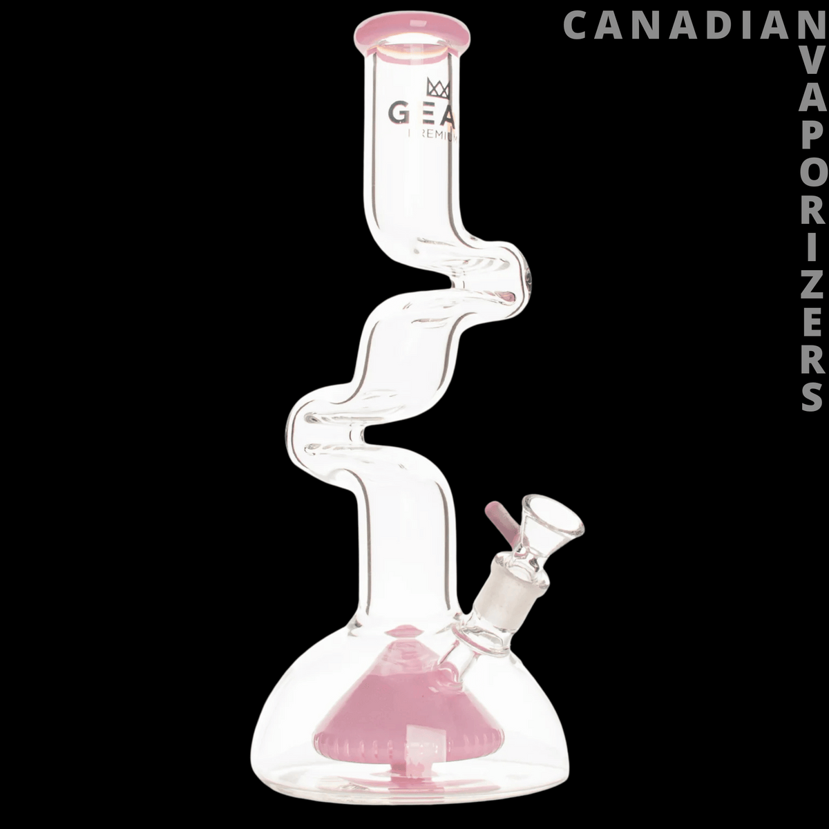 Gear Premium 12" 2-Arm Zorro Water Pipe - Clear glass 12-inch water pipe with a pink-tinted base, two curved arms, and an angled bowl.