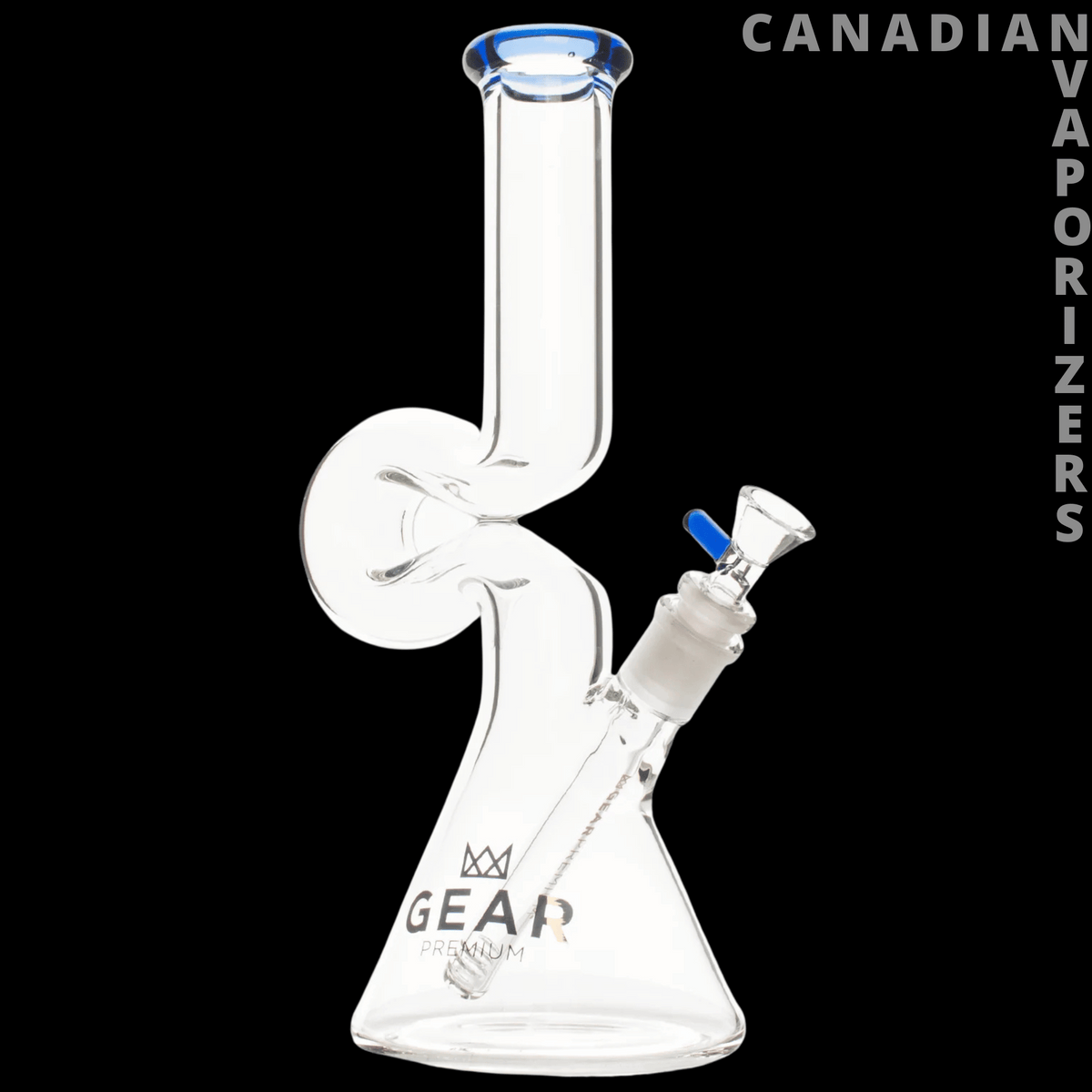 Gear Premium 12" Loopy Water Pipe - Clear glass 12-inch water pipe with a looping neck, flared base, and blue-accented angled mouthpiece.
