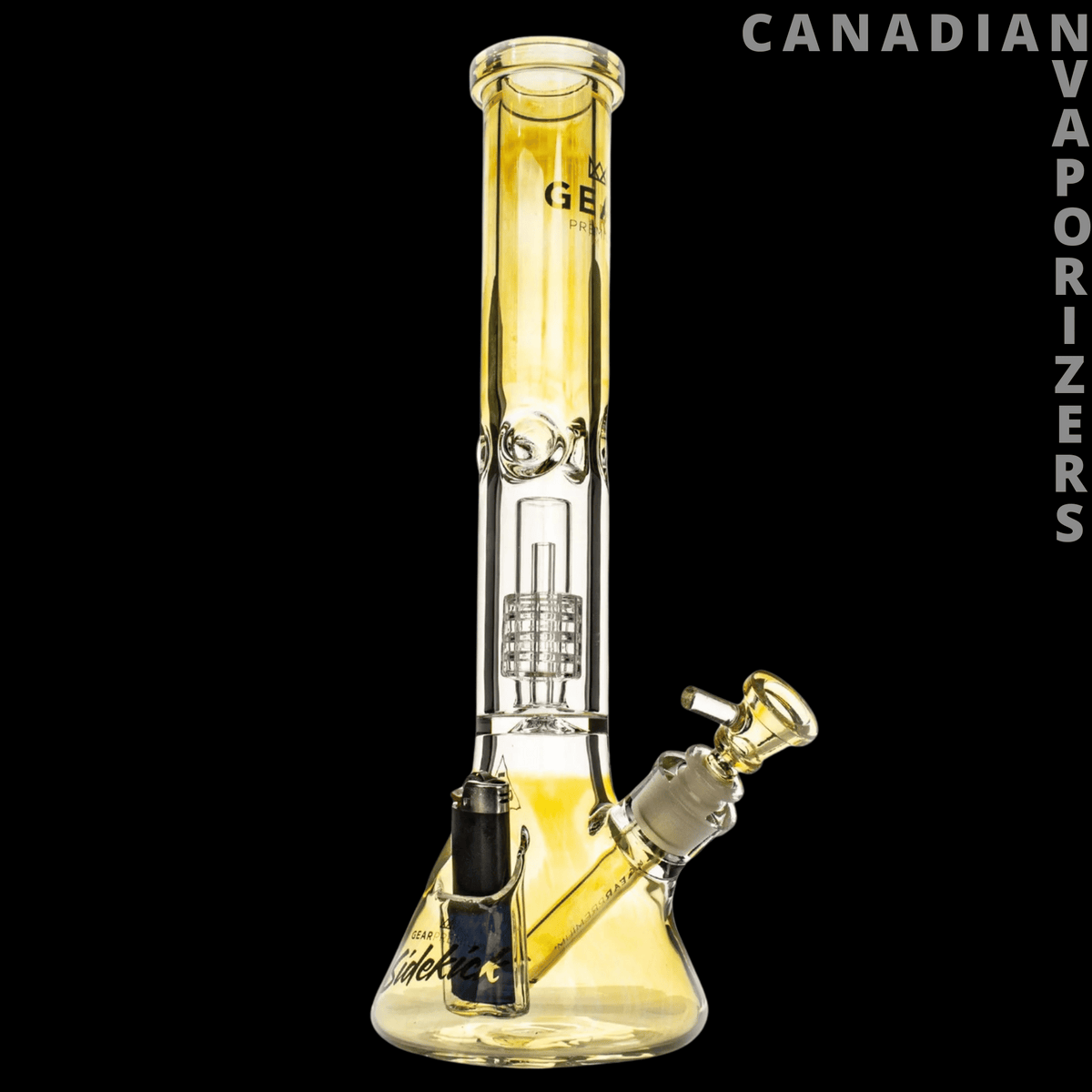 Gear Premium 15.5" 7mm Thick Sidekick Dual Chamber Beaker Base Water Pipe - Gold-tinted glass beaker water pipe with a tall 15.5-inch chamber, thick base, and angled sidekick bowl.