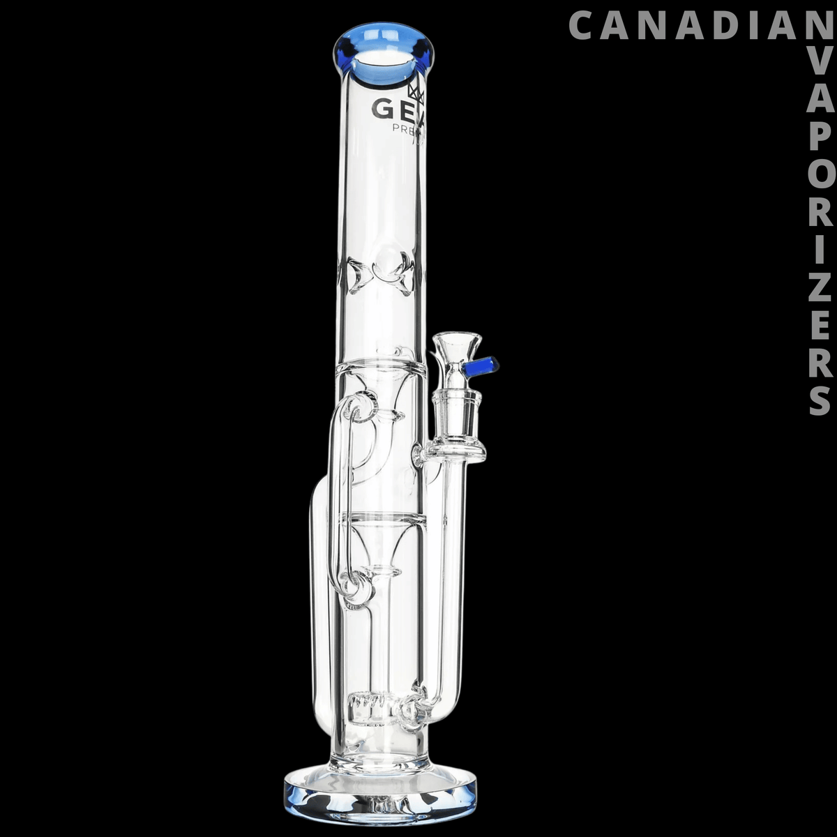 Gear Premium 15" Stemless Dual Chamber Recycler Water Pipe - Clear glass 15-inch stemless recycler water pipe with dual chambers, blue accents, and a flared base.