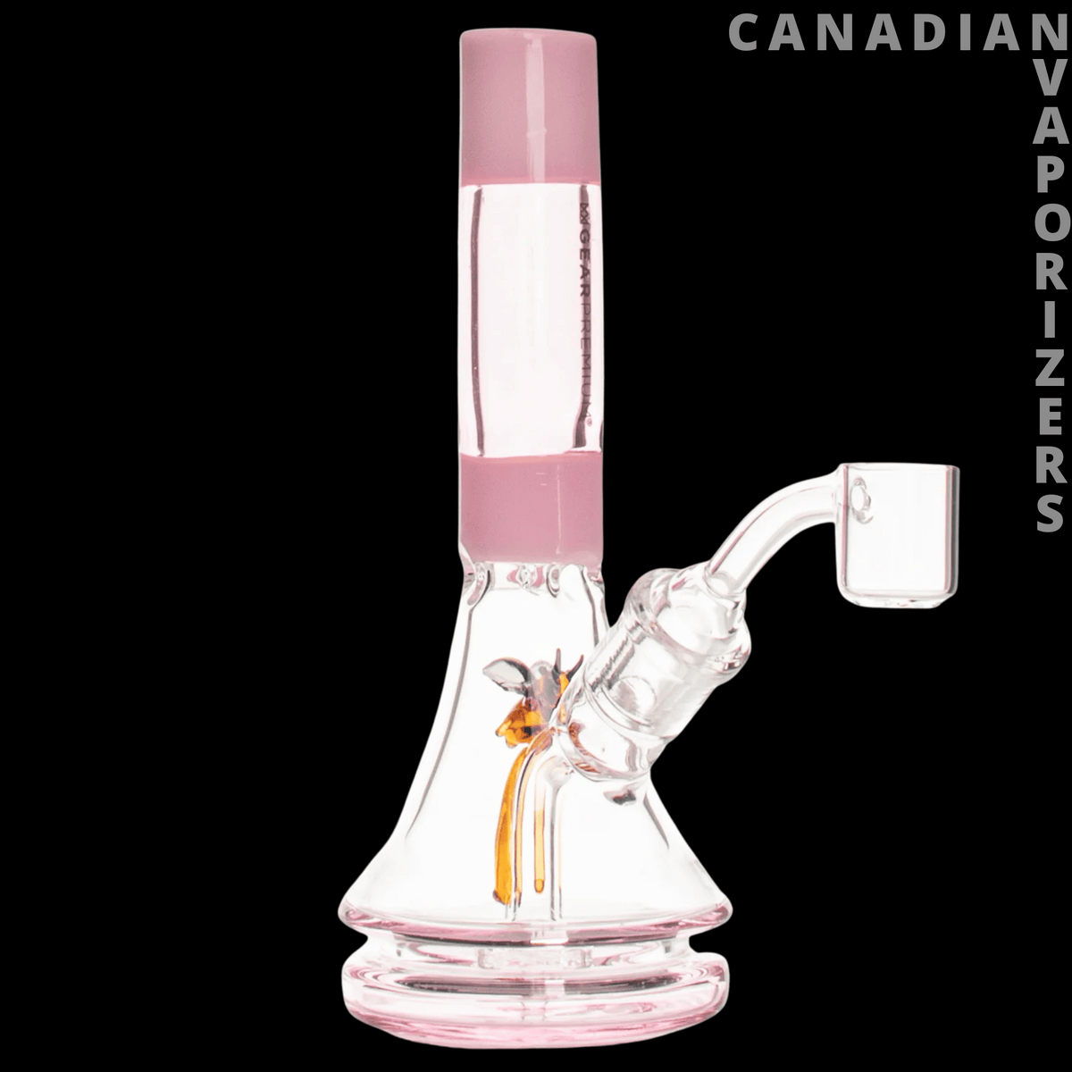 Gear Premium 6" Bee Concentrate Rig - Clear glass concentrate rig with pink accents, flared base, bent neck, and small side-mounted quartz banger.