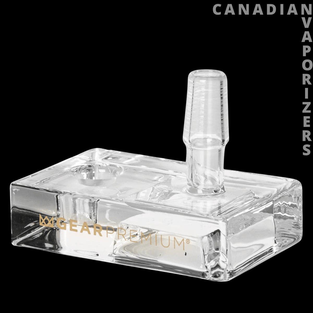 Gear Premium Dabmolisher Block Stand - Clear acrylic Gear Premium Dabmolisher block stand with a raised holder and gold lettering.