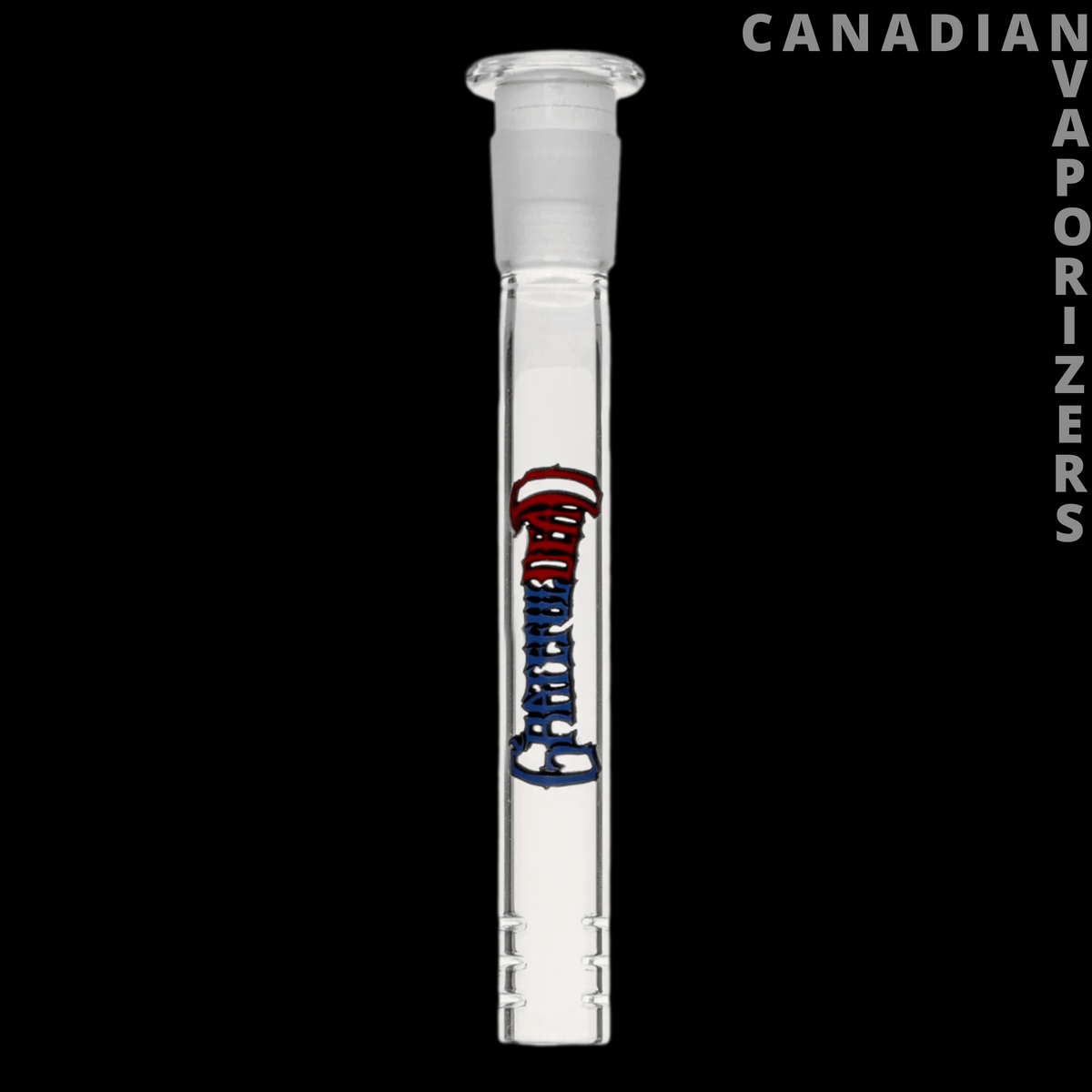 Gear Premium Grateful Dead Diffuser Bong Downstem - Clear glass diffuser downstem with a frosted joint and colorful Grateful Dead lettering, 110mm long.