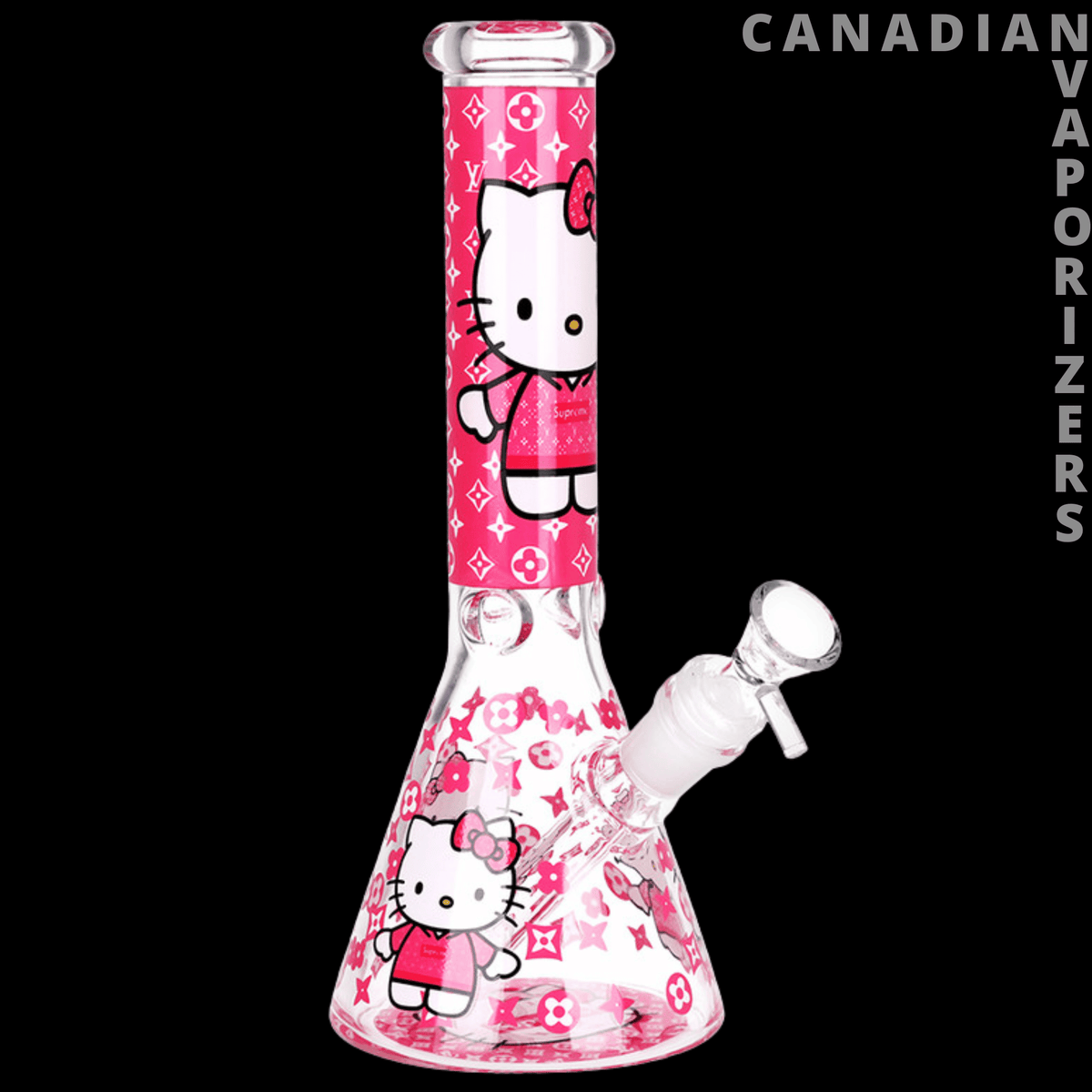 Hello Kitty Beaker Glass Bong - 10" / 14mm F - Pink Hello Kitty beaker glass bong with character graphics, flared base, and angled side stem.