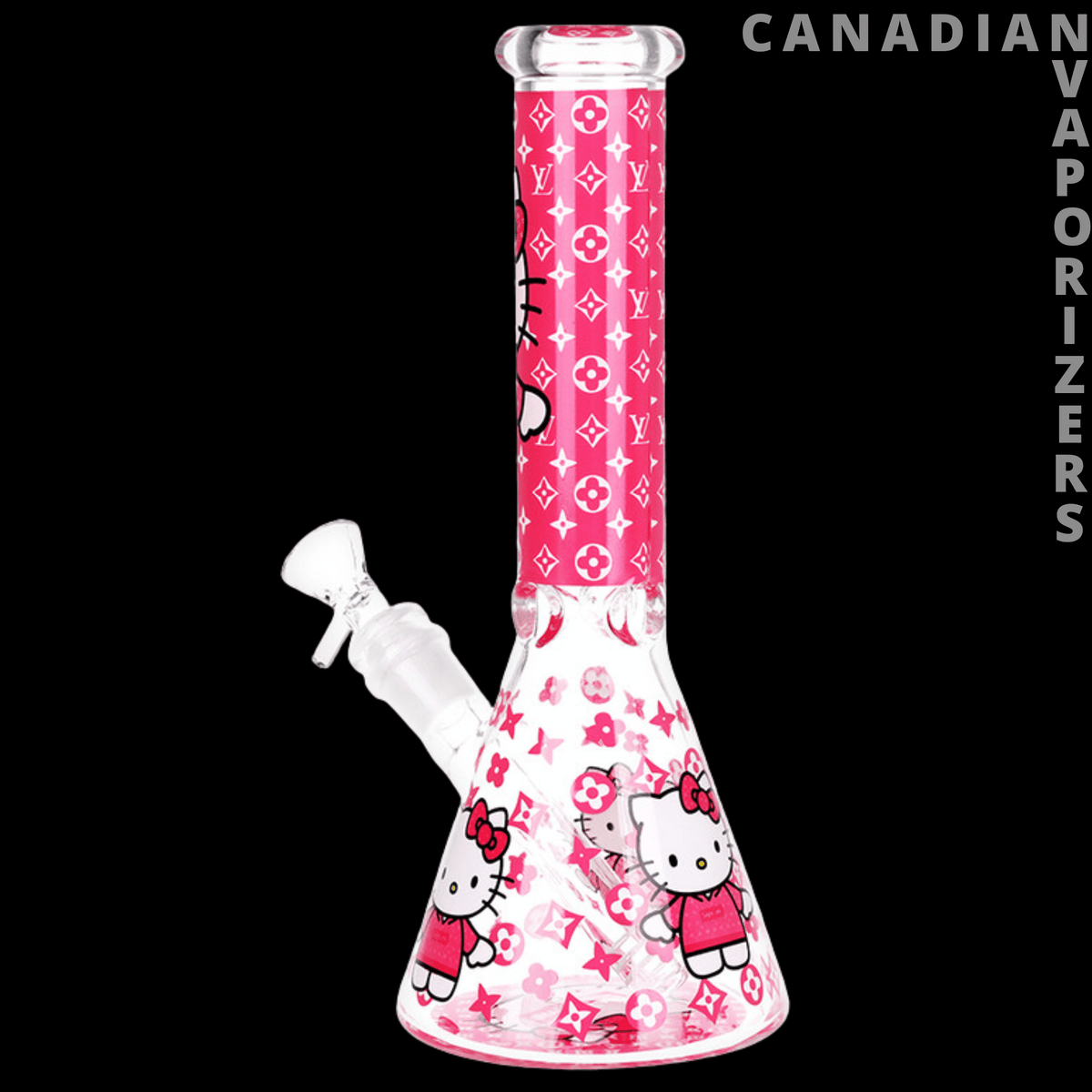 Hello Kitty Beaker Glass Bong - 10" / 14mm F - Pink Hello Kitty beaker glass bong with a patterned neck, flared base, and angled glass bowl.