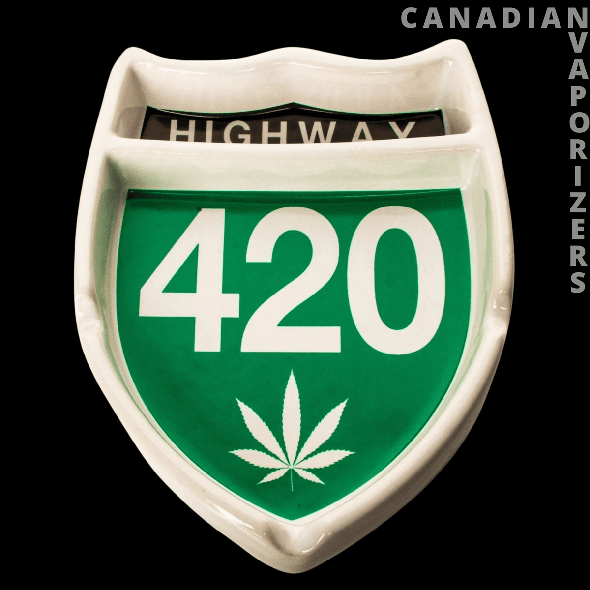 Highway 420 Ashtray - White ceramic ashtray shaped like a highway shield, with a green “420” sign and cannabis leaf.