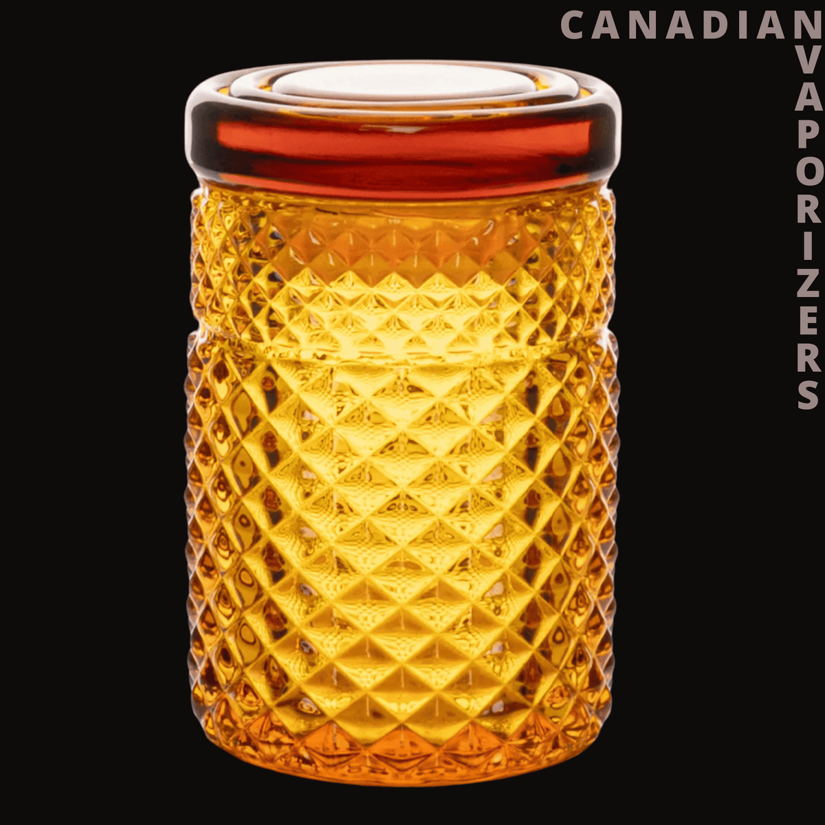Jane West 3" Twenties Collection Stash Jar - Amber glass stash jar with a diamond-cut textured body and clear lid rim.