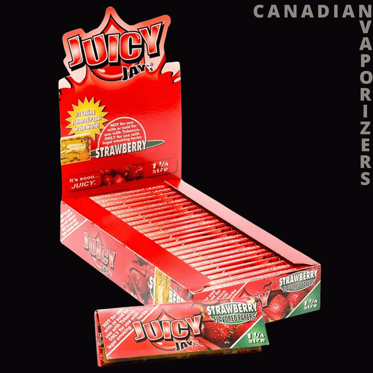 Juicy Jay’s 1¼ Strawberry Rolling Papers (Display of 24) - Red Juicy Jay’s Strawberry 1¼ rolling papers display box with stacked packs and strawberry flavor graphics.