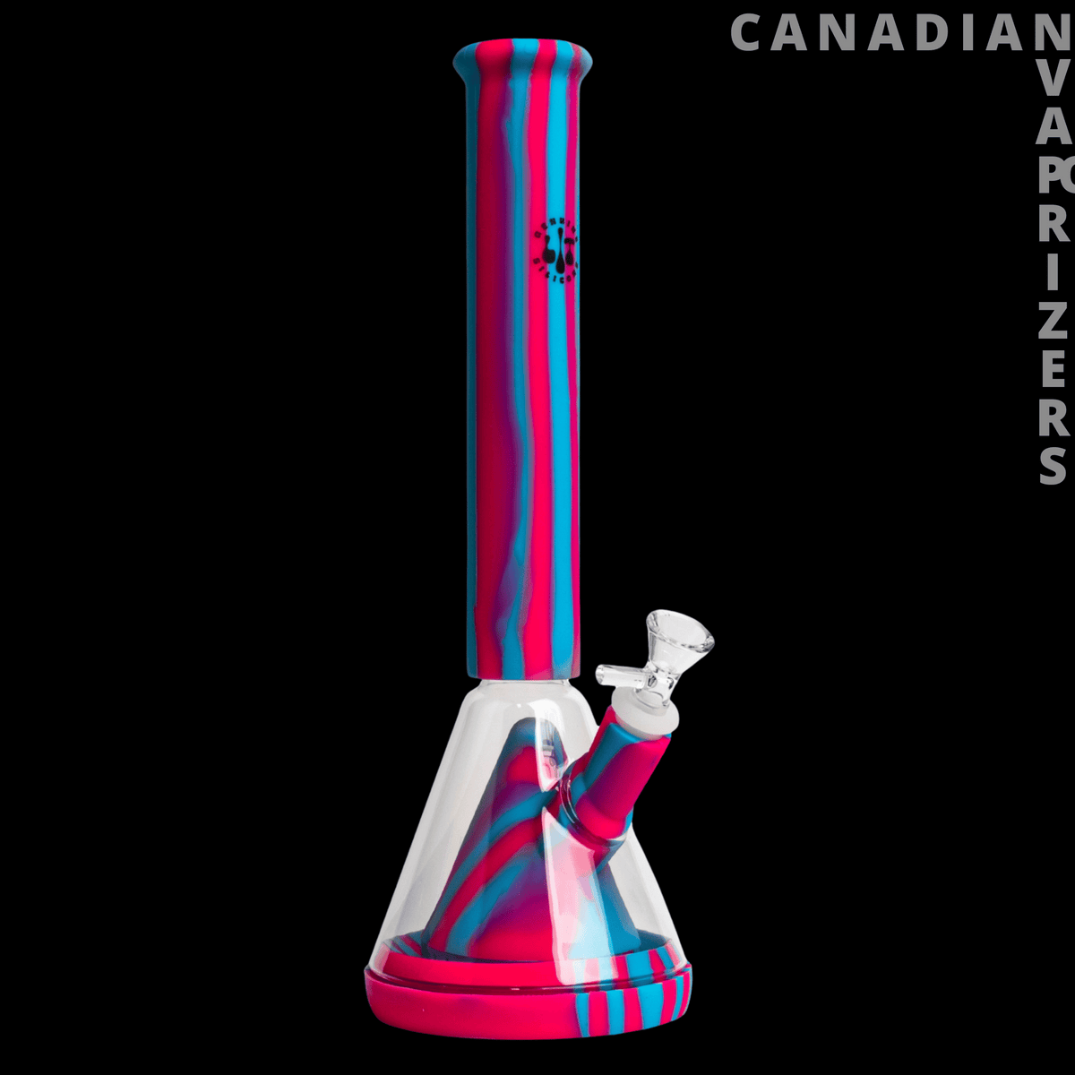 Lit Silicone 14" Glass Chamber Beaker Perc Tube - 14-inch beaker-style glass tube with vivid blue and pink stripes, angled chamber, and clear bowl attachment.