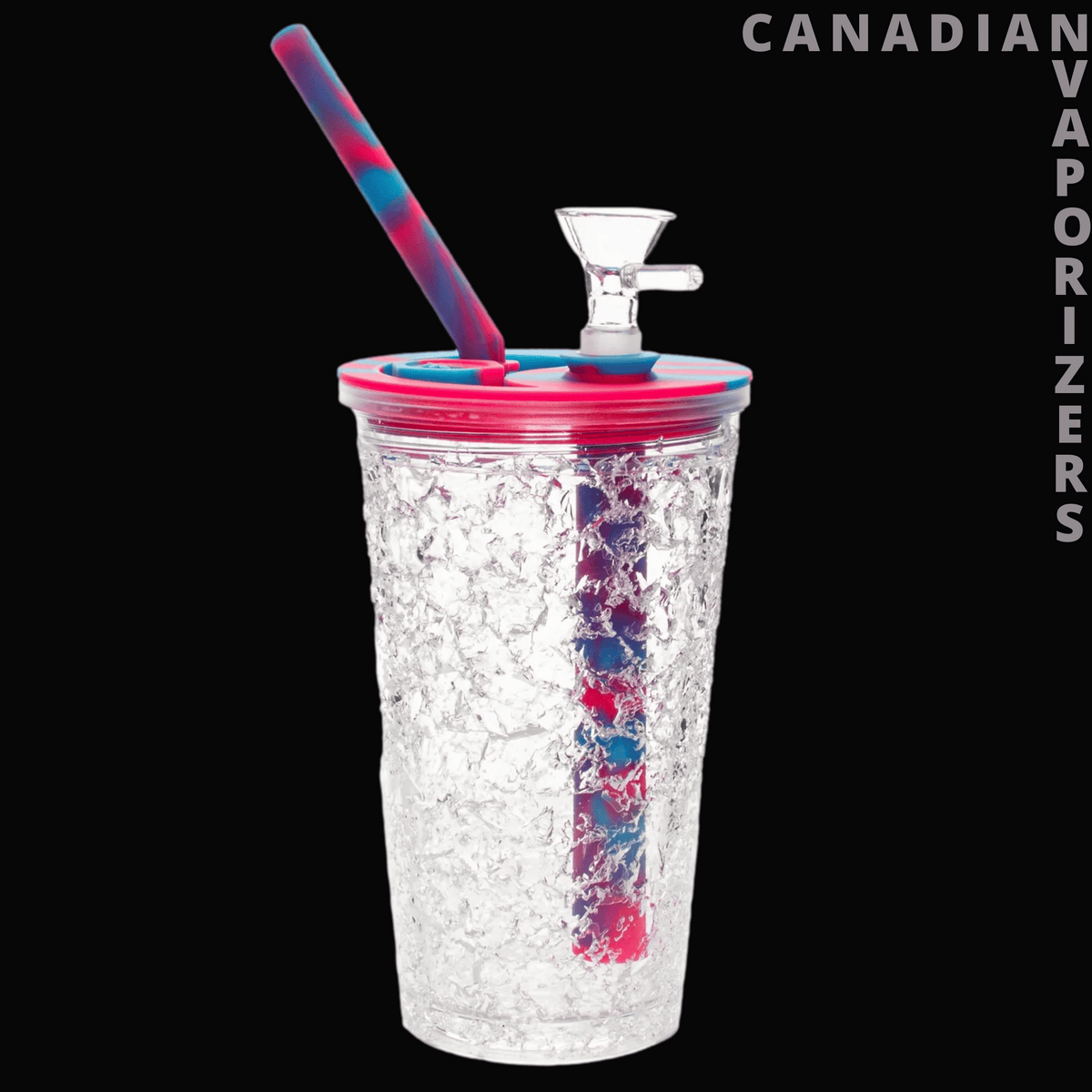 Lit Silicone 6.25" Freezer Cup Water Pipe - Clear silicone freezer cup water pipe with pink and blue lid, matching straw, and glass bowl.