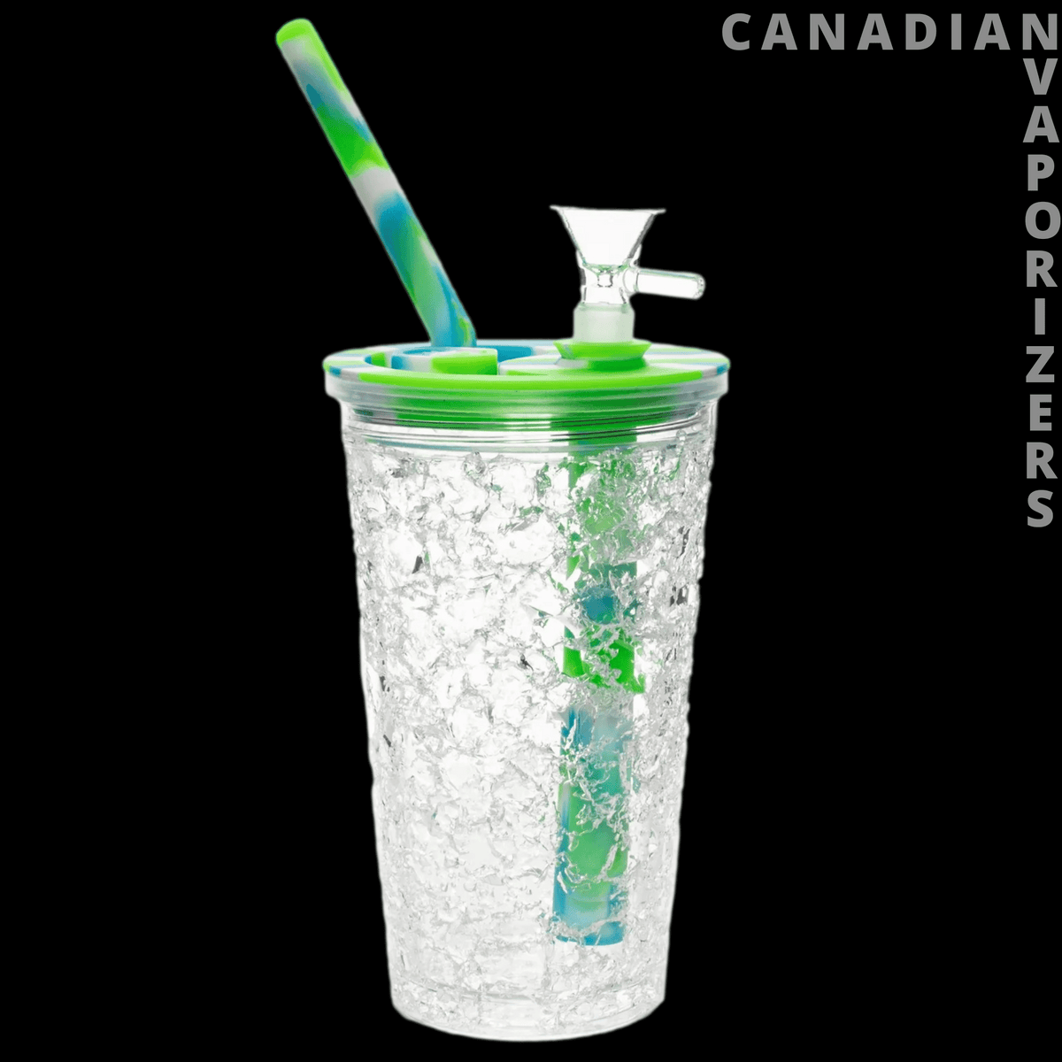 Lit Silicone 6.25" Freezer Cup Water Pipe - Clear freezer cup water pipe with crushed ice, bright green lid, straw, and glass bowl attachment.