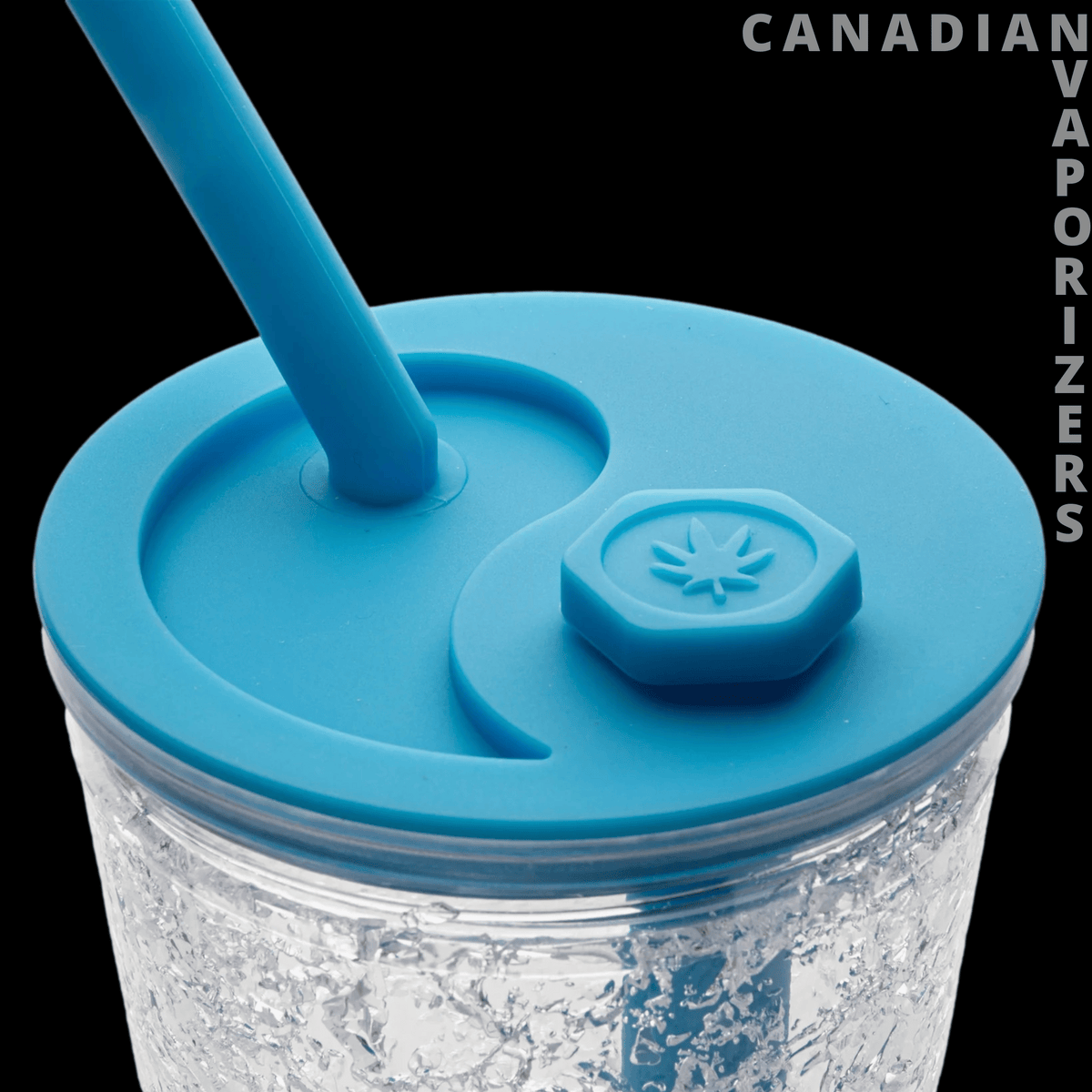 Lit Silicone 6.25" Freezer Cup Water Pipe - Blue silicone freezer cup water pipe with a fitted lid, angled straw, and raised flower-shaped cap.