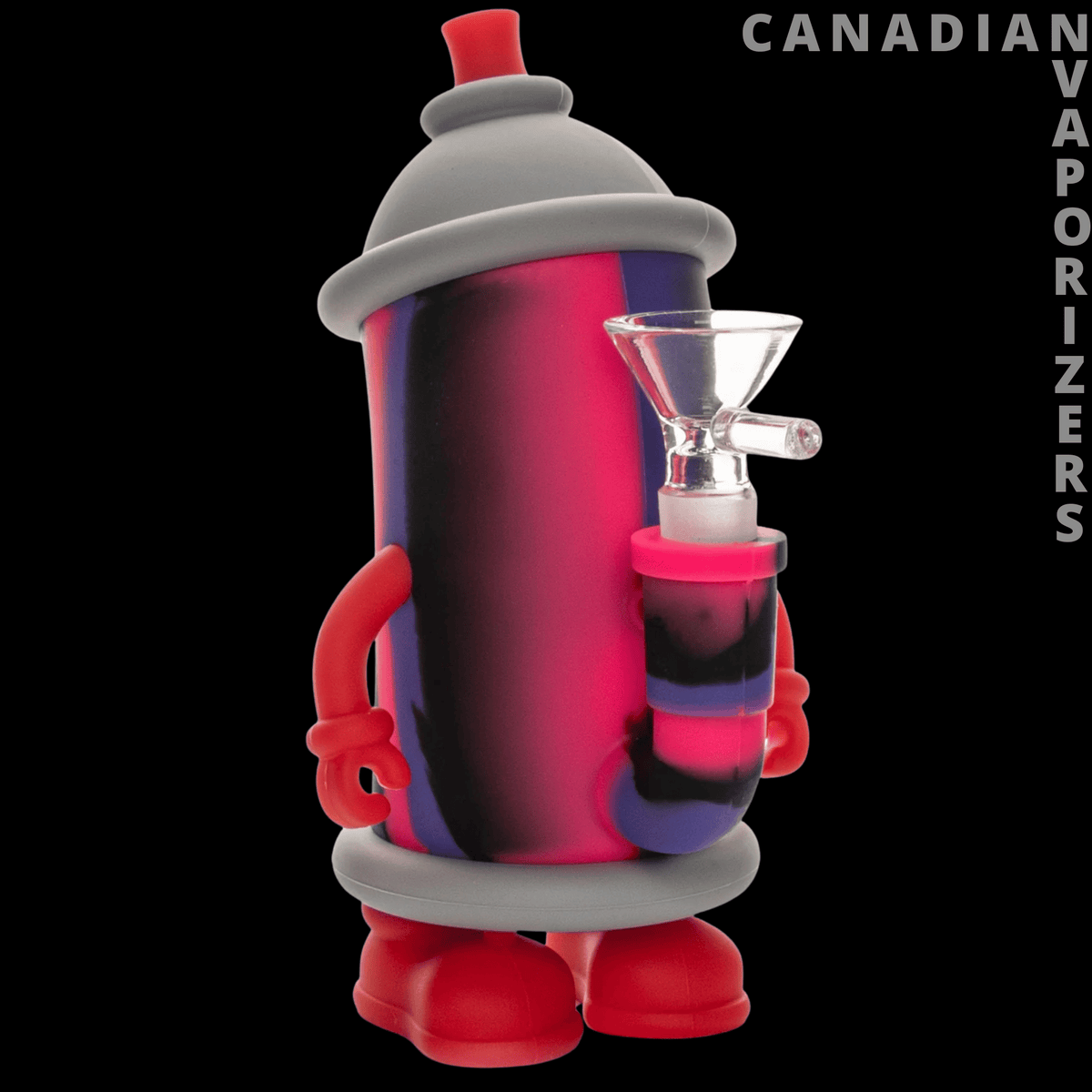 Lit Silicone 6" Spray Paint Water Pipe - Red and black silicone water pipe shaped like a spray paint can, with a gray cap, clear glass bowl, and red base.