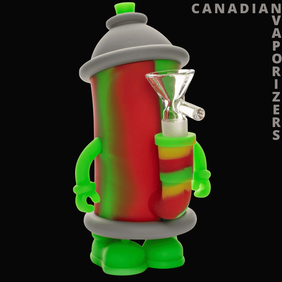 Lit Silicone 6" Spray Paint Water Pipe - 6-inch red and green silicone water pipe with a spray-paint can design, gray cap, and clear glass bowl.