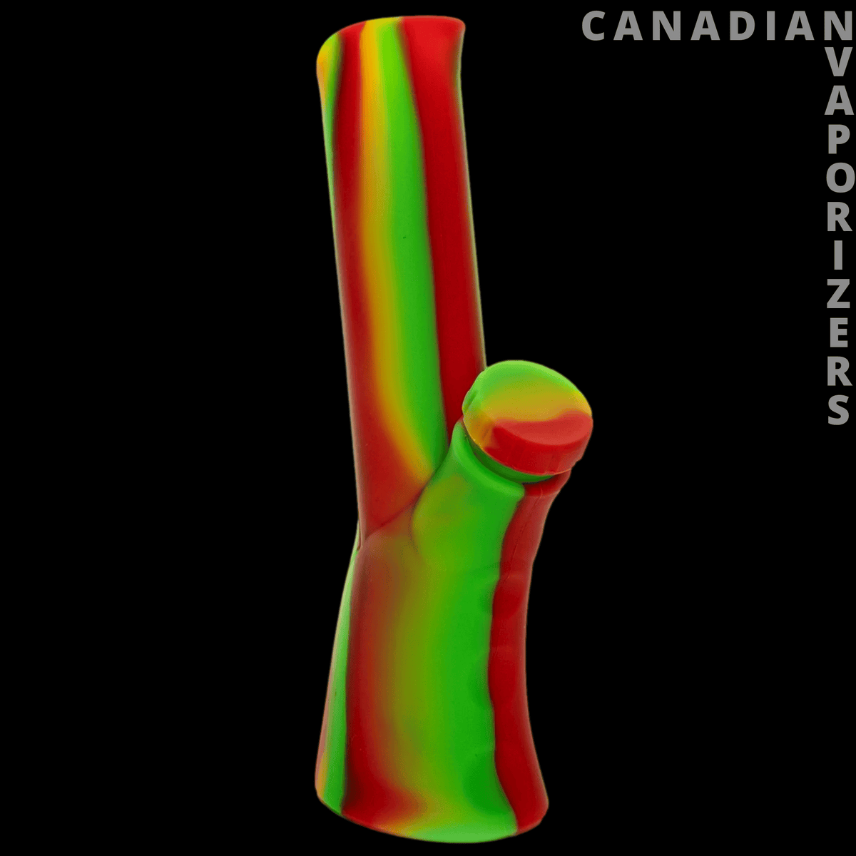 Lit Silicone 8.75" Deco Water Pipe - 8.75-inch silicone water pipe with a curved red and green body and angled mouthpiece.
