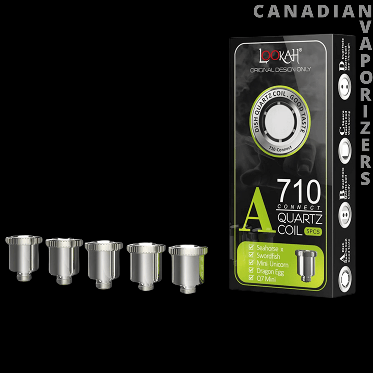Lookah 710 Quartz Coils (Pack of 5) - Five silver Lookah 710 quartz coils beside a black-and-green retail box.