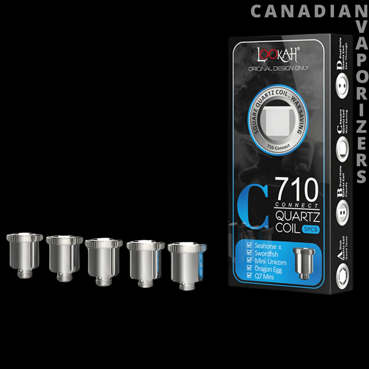 Lookah 710 Quartz Coils (Pack of 5) - Five silver quartz coils beside Lookah 710 Quartz Coil packaging with blue and black graphics.