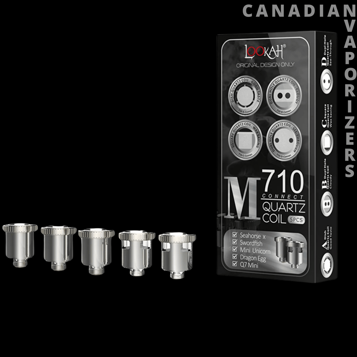 Lookah 710 Quartz Coils (Pack of 5) - Five silver metal-and-quartz coils beside a black Lookah 710 Quartz Coils package.