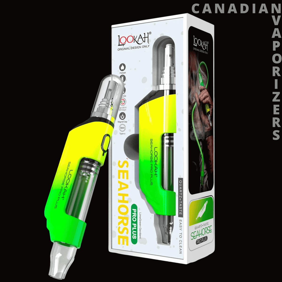Lookah Seahorse Pro Plus Nectar Collector - Neon green and silver Lookah Seahorse Pro Plus nectar collector beside its retail box.