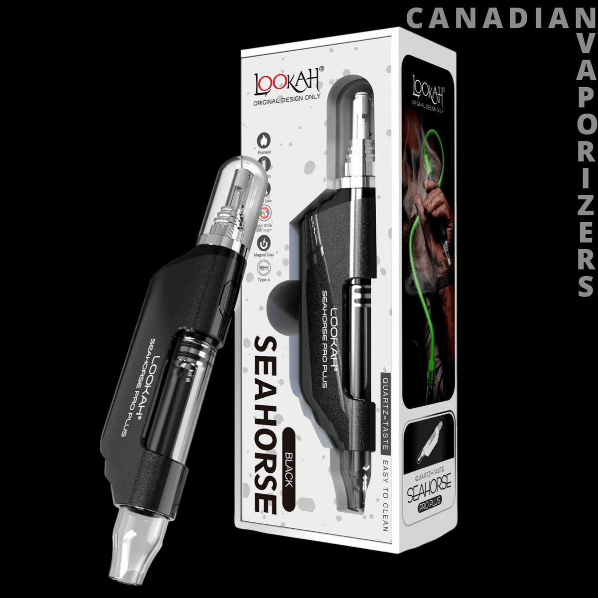 Lookah Seahorse Pro Plus Nectar Collector - Black Lookah Seahorse Pro Plus nectar collector beside its white retail box, with glass tip and sleek pen-style body.