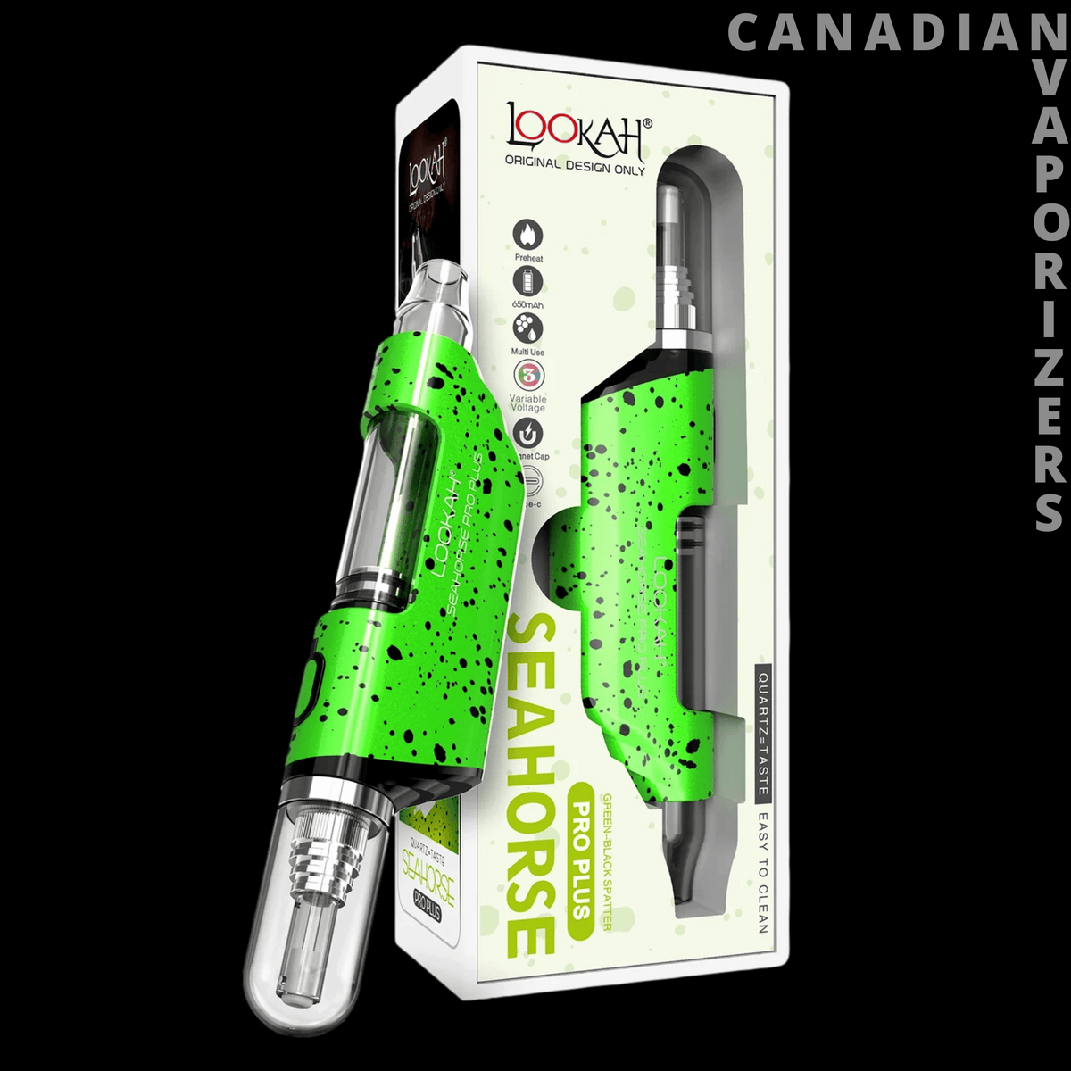 Lookah Seahorse Pro Plus Nectar Collector - Green-and-black Lookah Seahorse Pro Plus nectar collector with a clear glass tip, displayed beside its retail box.