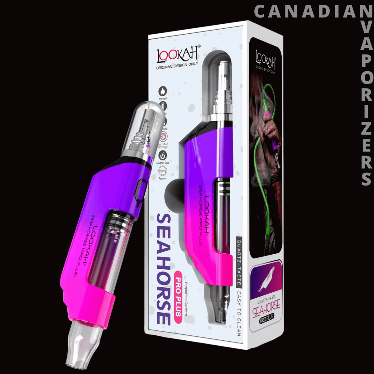 Lookah Seahorse Pro Plus Nectar Collector - Purple and pink Lookah Seahorse Pro Plus nectar collector with a clear tip, displayed beside its retail box.