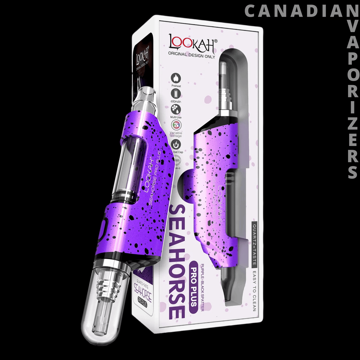 Lookah Seahorse Pro Plus Nectar Collector - Purple-and-black Lookah Seahorse Pro Plus nectar collector with a glass tip, displayed beside its branded box.