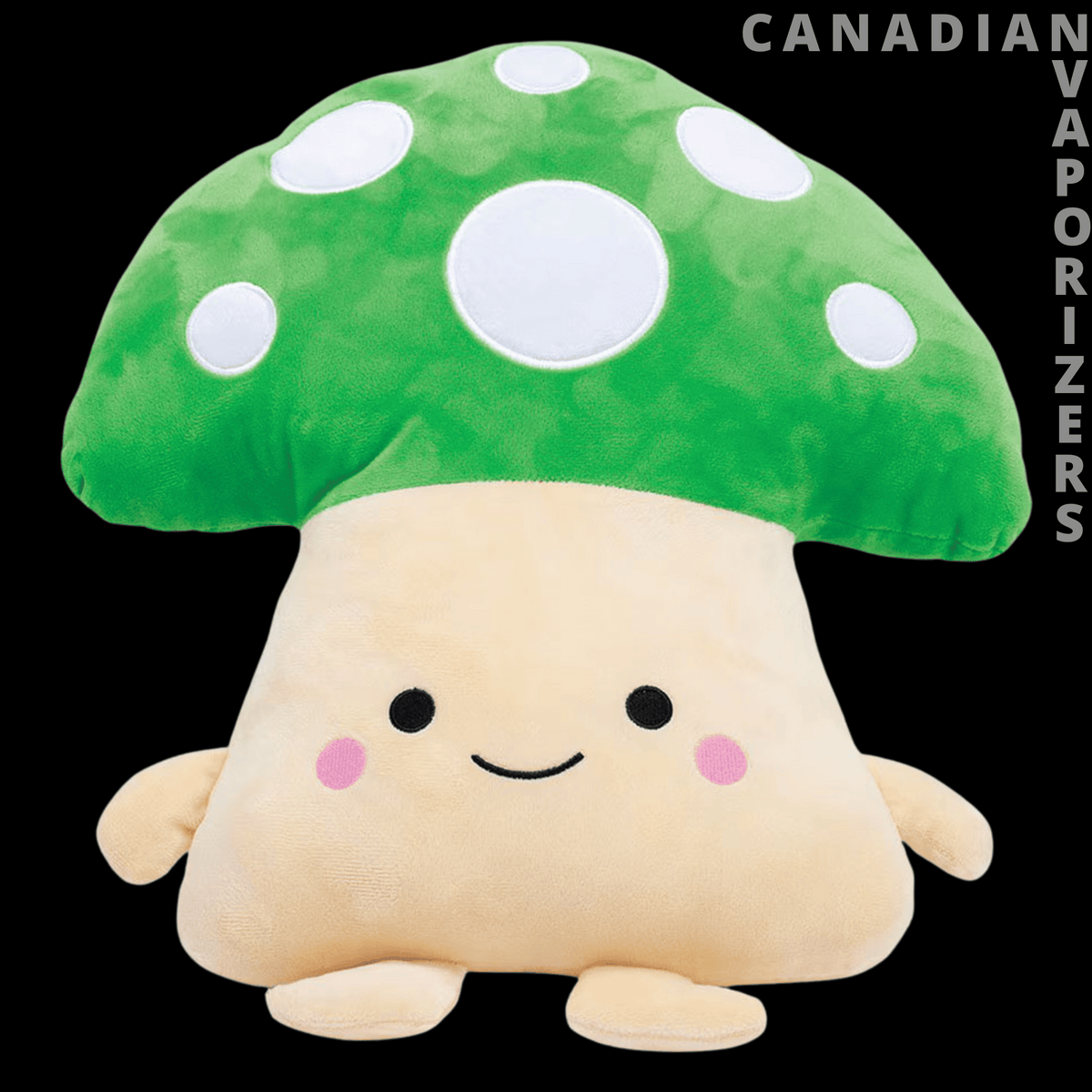 Mushroom Plush Buddy – 16" - Soft plush mushroom buddy with a bright green, white-spotted cap and a smiling beige face.