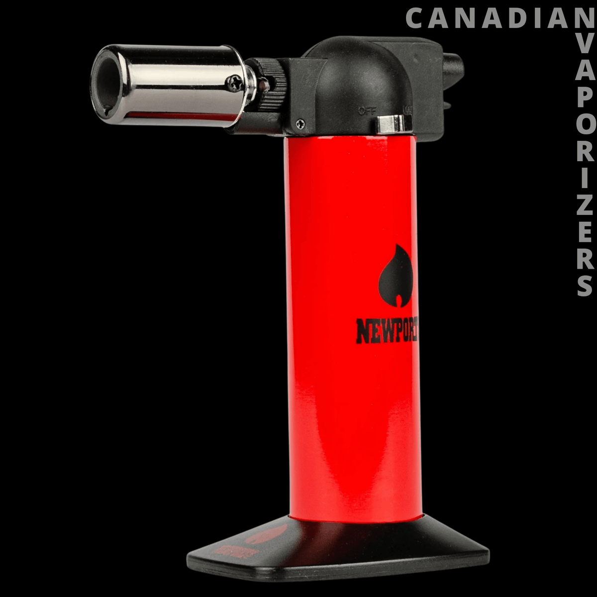 Newport 6" Torch - Red Newport torch with a black ignition head and wide base, featuring a chrome nozzle.