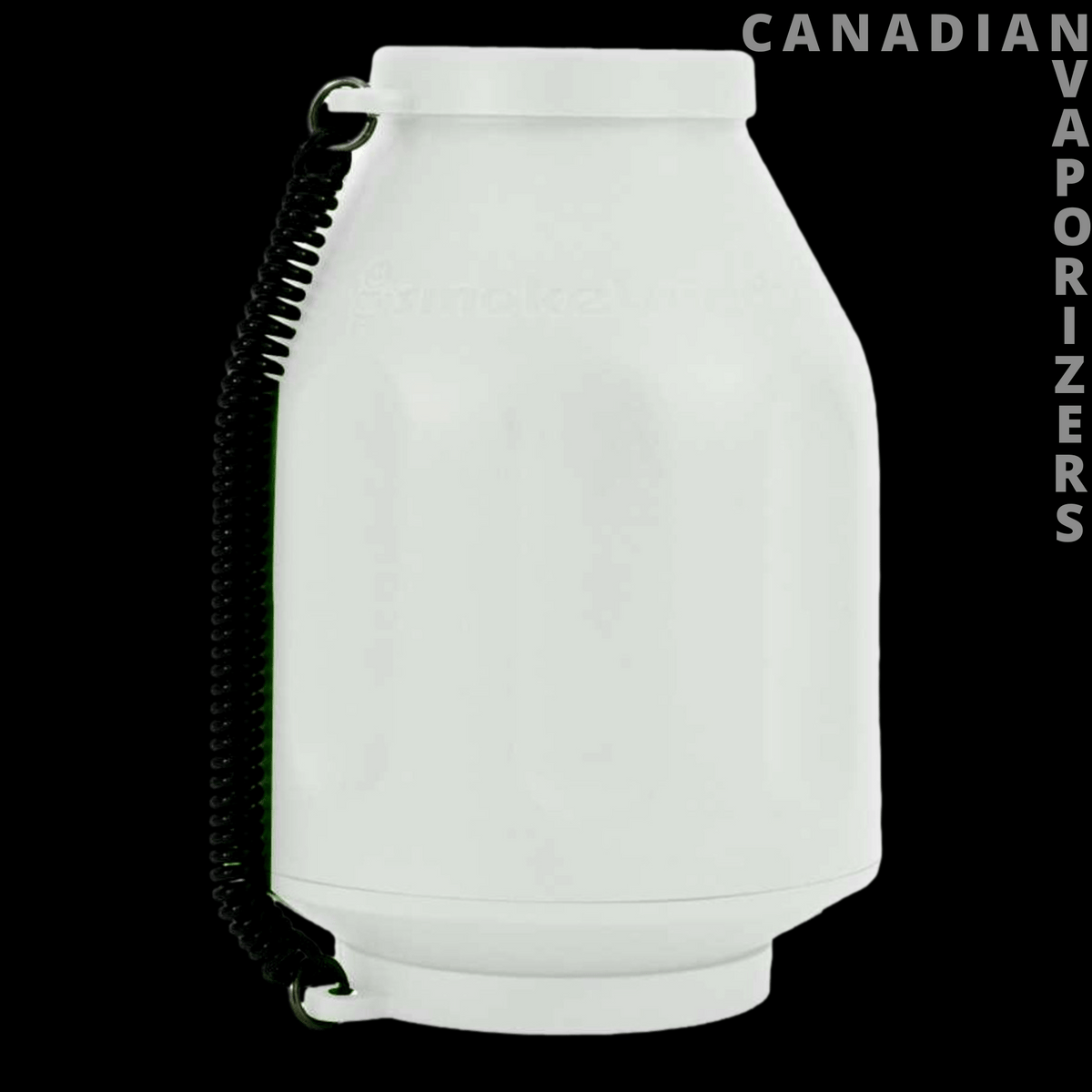 Original Smokebuddy - White, jar-shaped Smokebuddy personal smoke filter with a black coiled wrist strap.