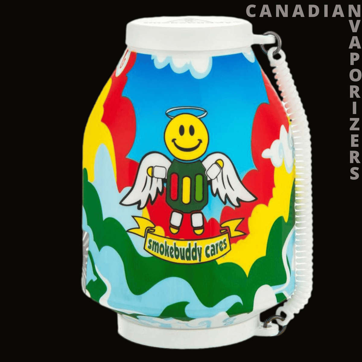 Original Smokebuddy - Colorful Smokebuddy air filter with smiling angel mascot, cloud and rainbow print, white top, and wrist strap.