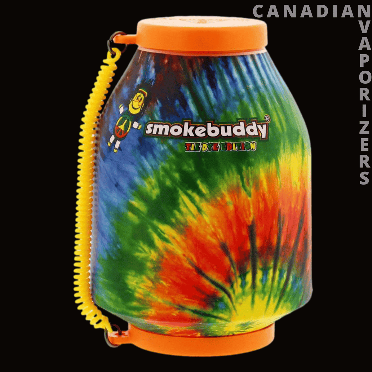 Original Smokebuddy - Tie-dye Smokebuddy personal air filter with orange caps and a yellow coiled lanyard.
