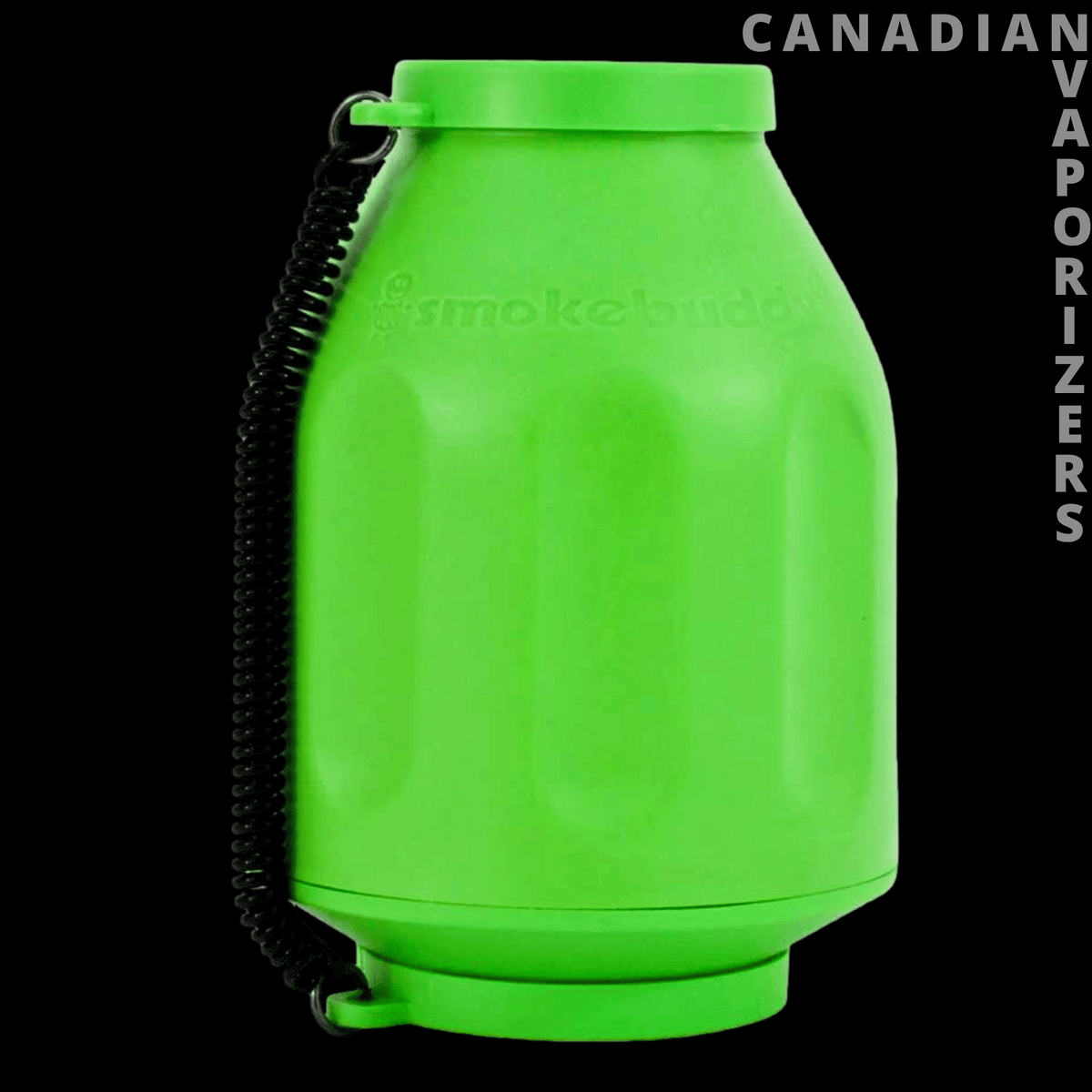 Original Smokebuddy - Bright green Smokebuddy air filter with a rounded body, top cap, and black wrist strap.