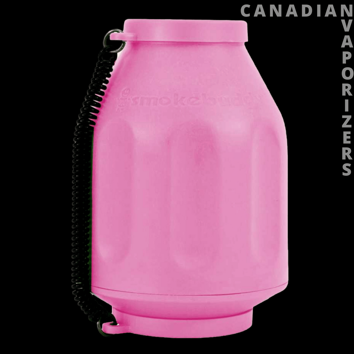 Original Smokebuddy - Pink Smokebuddy personal air filter with a ridged body and black wrist strap.