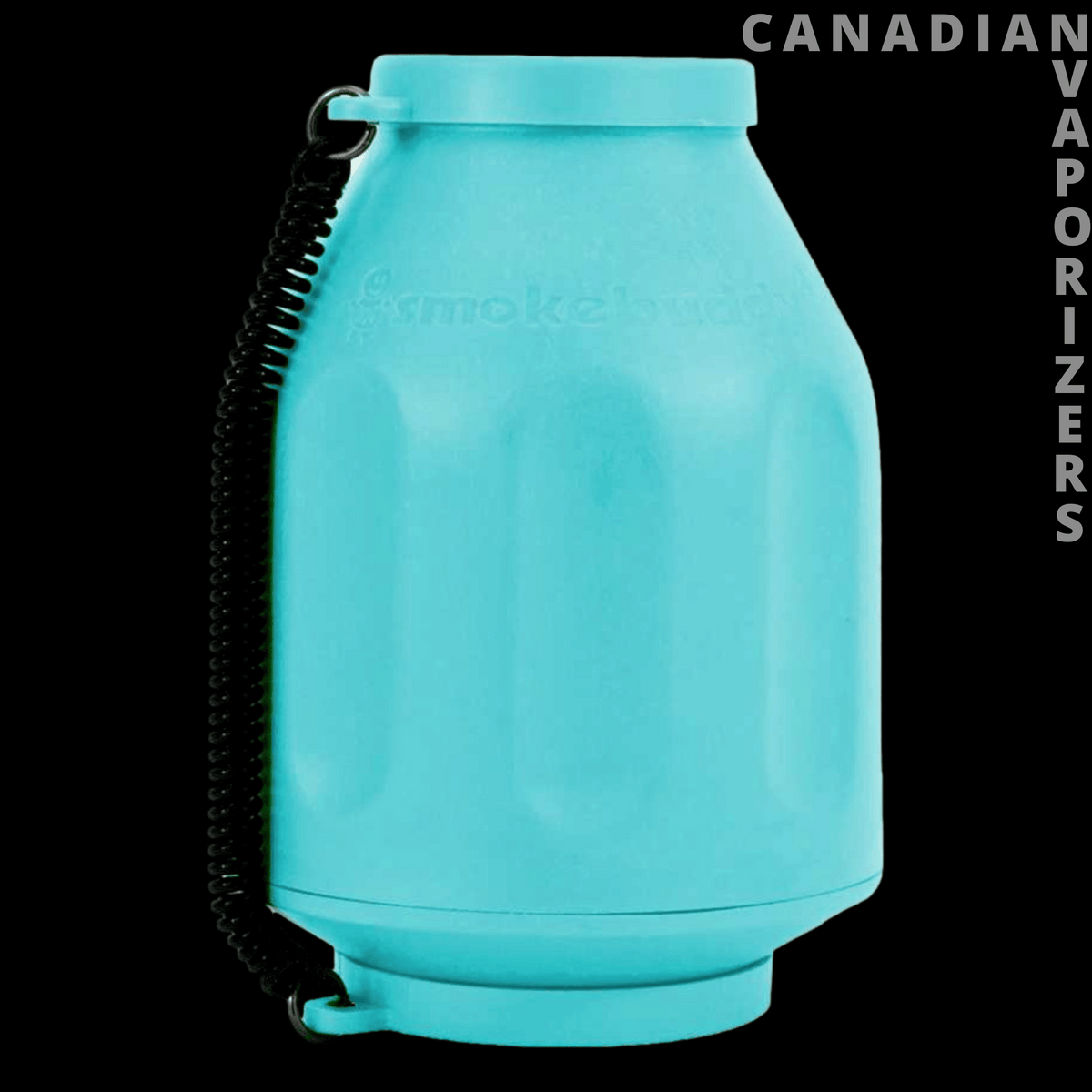 Original Smokebuddy - Turquoise Smokebuddy personal air filter with a rounded bottle shape, black wrist strap, and clip.