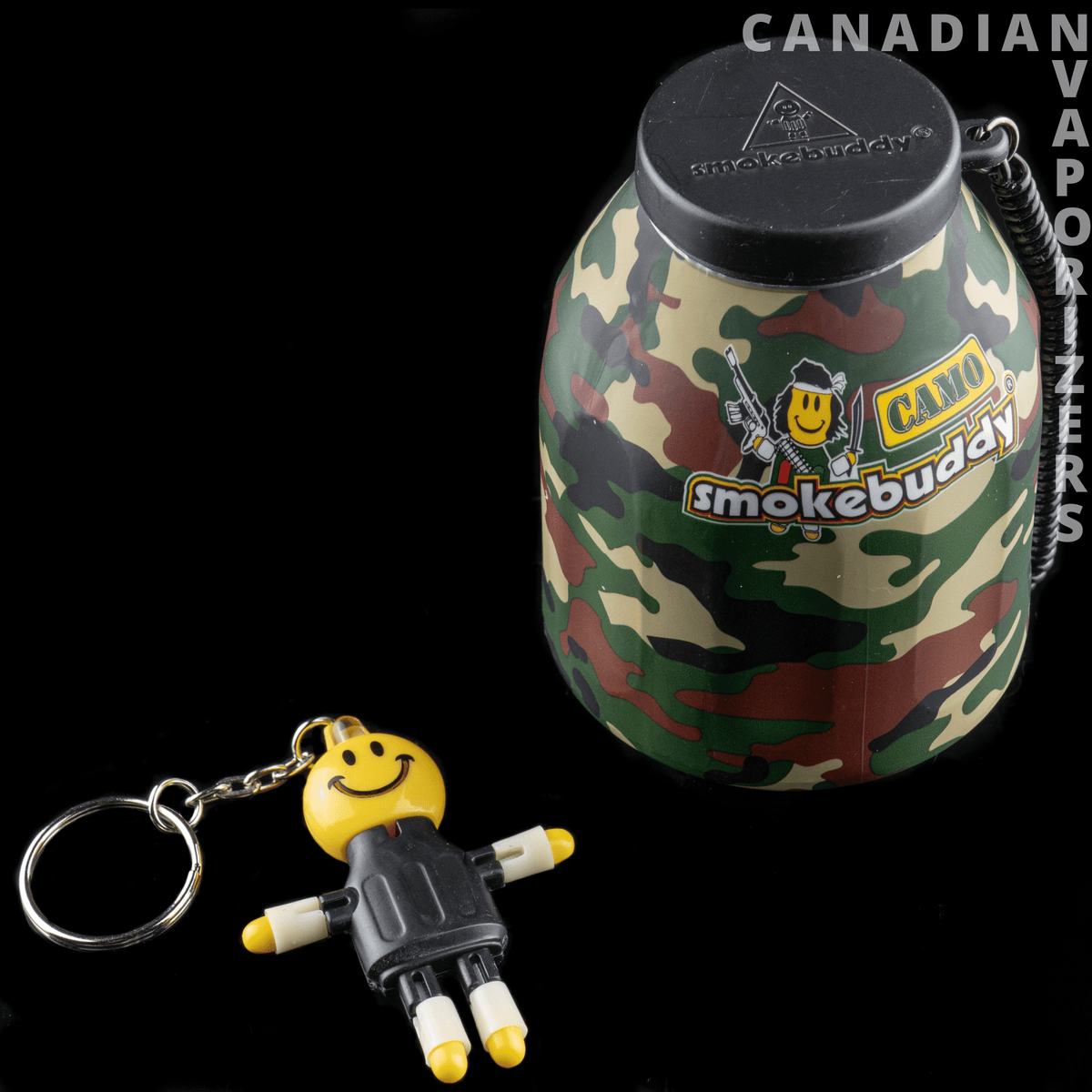 Original Smokebuddy - Camouflage-patterned Smokebuddy personal air filter with a black cap and yellow keychain figure.