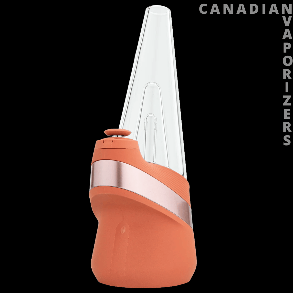 Puffco New Peak - Coral Puffco New Peak vaporizer with a rounded base, angled metallic band, and tall translucent glass mouthpiece.
