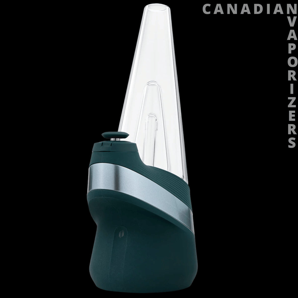 Puffco New Peak - Dark teal Puffco Peak vaporizer with a rounded base, angled metallic band, and tall clear glass water chamber.