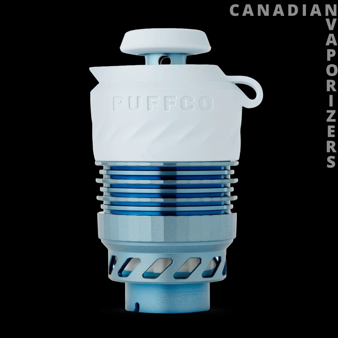 Puffco Peak Pro 3DXL Chamber - White Puffco Peak Pro 3DXL chamber with a translucent blue ribbed base and vented metal collar.
